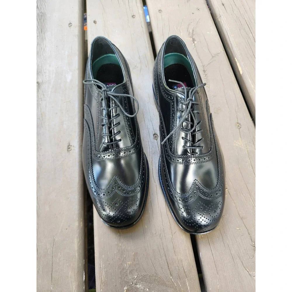 Vintage 80s Florsheim Wingtip Oxfords Black Leather Brogue Dress Shoes 8 3E Wide